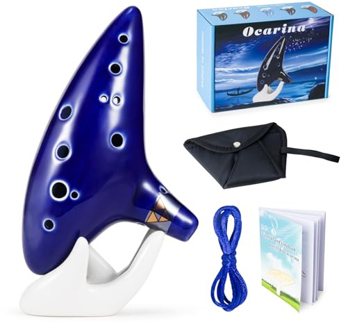 VixxNoxx Zelda Ocarina 12 Holes Alto C Tone with Song Book (Songs From the Legend of Zelda), Sound Healing Instruments for Beginners with Display Stand Protective Bag (Navy Blue)