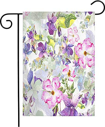 Bandera De Jardín, Patrón En White Acuarela Flores De Primavera Violeta Pensamiento Silvestre Aniversario Banners Impresión Bandera Pirata Clásica Bandera Para Balcón Interior Jardin 30X45Cm