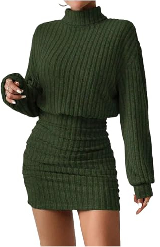 MGDIFYXAA Abito in Maglia da Donna - Gonna A Portafoglio in Maglia da Donna Autunno Inverno con Collo Alto, Calda, Elegante, Sottile, Sexy, A Maniche Lunghe, Verde L