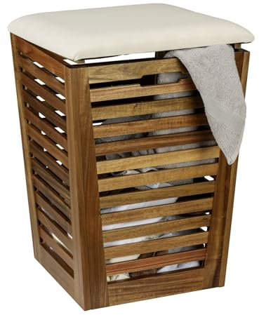 WENKO Wäschetruhe mit Sitzpolster Mod. Fondi aus massivem Akazienholz mit 55 L Fassungsvermögen Sitzp. aus 100% Baumwolle Maße 40 x 56 x 40 cm Braun