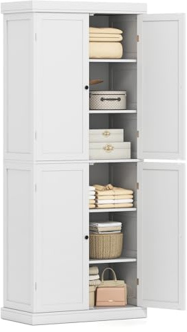 COSTWAY 6 stöckiger Küchenschrank, Hochschrank Küche mit 4 Türen & verstellbaren Regalen, Vorratsschrank freistehend, für Badezimmer, Wohnzimmer, Esszimmer, Büro, 76 x 40 x 184,5 cm, Weiß