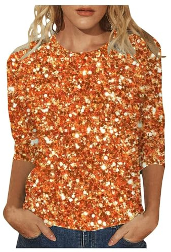 Glitzer Rotes Blusen Casual Langarm Tunika Glitzer Bluse Silvester Outfit Pailletten Oberteil Glitzer Bluse Damen Silvester Oberteil Casual Elegant Festliche-Blusen (Orange, L)