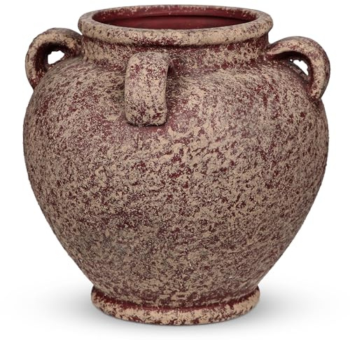 Oairse Rustic Ceramic Vase with Handles – Antique-Style Red Farmhouse Pottery Decorative Urn for Table Centerpiece, Mantel, Shelf, or Entryway Home Décor