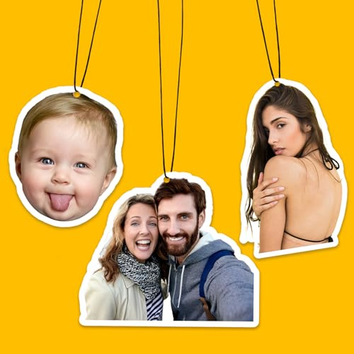 EinzigGeschenk Personalisiertes Auto Lufterfrischer mit eigenem Foto & Text – 20 Duftsorten & 5 Formen – Umweltfreundliches Papier – Spiegelanhänger für Auto-Deko oder Geschenk (individuelle Formen)