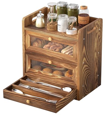 bimiti Bread Bin Two-layer Bread Box With Drawer Large Bamboo Bread Bin With Drawer Wooden Bread Storage Container 2 Layer Breadbin Holder Vintage Food Organizer Acrylic Window for Kitchen Counter