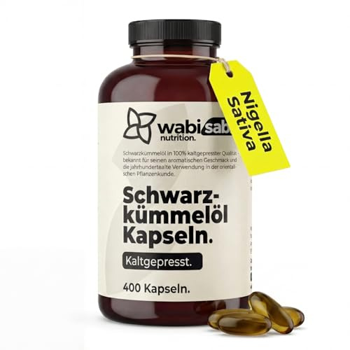 wabi sabi Schwarzkümmelöl - 400 Softgel Kapseln - 2000 mg kaltgepresstes Schwarzkümmelöl + 10 mg Vitamin E - Vorrat für +6 Monate - hochdosiertes & geprüftes Supplement - deutsche Qualitätsmarke