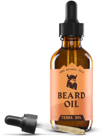 Slående viking skäggolja för män – 2 Fl Oz, Terra Sol | Naturligt härledd balsam med mandel, teträd, argan och jojobaolja för mjukning, fuktgivande och tillväxt