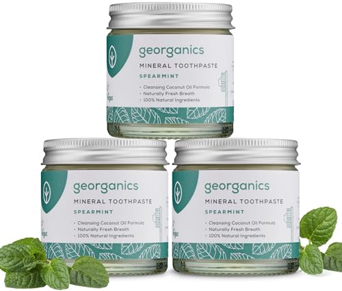 Georganics Mineral Toothpaste - 120ml x3 Pack - Spearmint Flavour - Fluoride, SLS & Glycerine Free - Non-Foaming Natural Toothpaste with Virgin Coconut Oil - Certified Cosmos, Vegan and Cruelty-Free