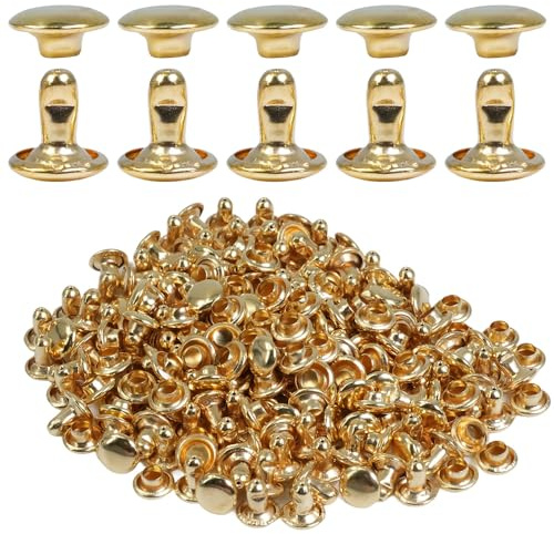 Selyse 200 Sets Doppelkappe Nieten 8mm, Leder Nieten aus Edelstahl, Hohlnieten für Leder, Metallnieten für Taschen, Schuhe, Gürtel, Kleidung und DIY Handwerk (Gold)