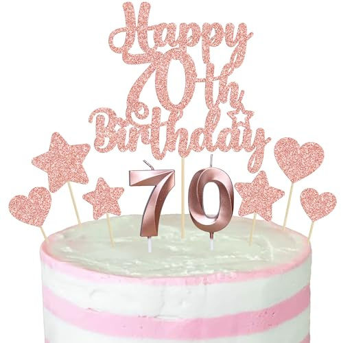 Gyufise 15Pcs Happy 70th Birthday Cake Topper Set with Heart Star Glitter Cheers to 70 Years Cake Picks Number 70 Candles Cake Decorations for Happy 70th Birthday Anniversary Party Supplies Rose Gold