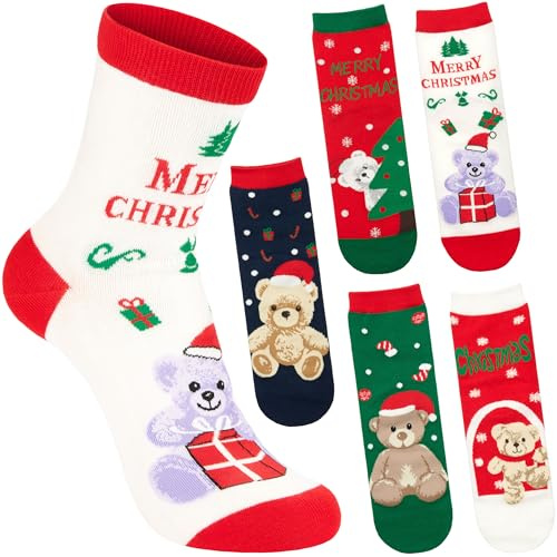 BRUBAKER 5 Par Julsockor för Damer - Merry Christmas - Roliga Strumpor för Julen & Förjulstiden - Färgglatt och Mysigt Bomullssockset - Varmt och Mjukt - Perfekt Present för Kvinnor och Flickor