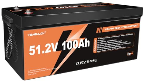 Yeagulch Batería de Litio LiFePO4 48V 100Ah (51.2V) con BMS 200A, 5120Wh, más de 15000 ciclos – Para carritos de golf (potencia máx. 5 kW), sistemas solares, campers y alimentación de reserva
