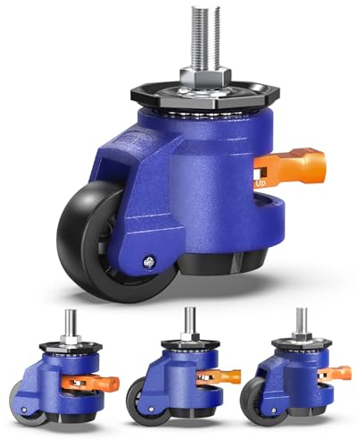 HOLKIE Juego de 4 ruedas giratorias niveladoras de alta pesados con mango de trinquete, ruedas retráctiles de tamaño de tornillo M12 y 1/2, capacidad total de 1000 kg Azul