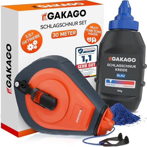 Gakago Schlagschnur Set 30m inkl. 150g blauer Kreide (temporär) - Markierschnur mit Aluminium Gehäuse - Effizientes 3,5:1 Getriebe & Freilauf - Farbschnur mit vielseitigem Haken für Bau & Garten