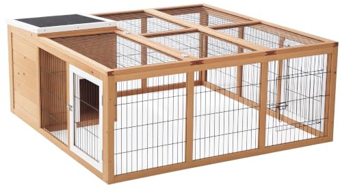 PawHut Rabbit Hutch Outdoor with Openable Top 123 x 120 x 52cm Yellow | Guinea Pig House, Bunny Run Cage for 1-2 Rabbits