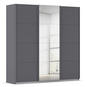 Rauch Möbel KULMBACH, Schwebetürenschrank, Grau metallic, Breite 203 cm | Schrank, 3-türig, Spiegel, 2 Schubladen, Zubehör Basic, für Schlafzimmer, Kinderzimmer, Garderobe, Flur