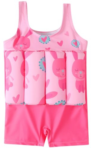 Traje de baño Flotante para niños pequeños, Traje Flotante con Estampado de Conejo y Chaleco de flotabilidad Incorporado, Rojo, Talla 110 cm