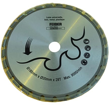 FEIDER F185LU Lame Universelle - Disque de Coupe pour Scie Circulaire, Lame Circulaire Dentelée - Acier - 285x20mm - 9000 Tr/min Maximum - 24 Dents - Coupe Bois, Métal, PVC - Coupe Rapide et Douce