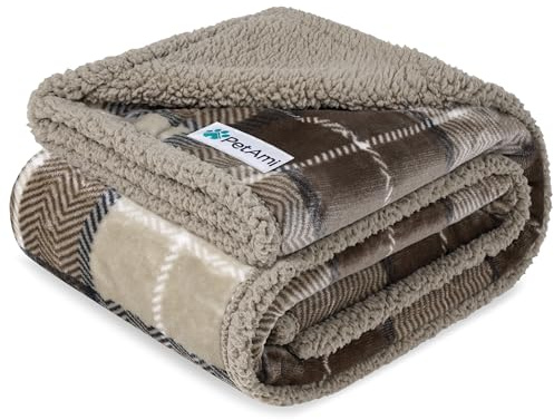 PetAmi wasserdichte Hundedecke für mittelgroße und große Hunde, Welpen, Katzen, Überwurf für Couch, auslaufsicherer Schutz, Sherpa-Fleece, wendbar, weich, waschbar, 203 x 152 cm, kariert, Taupe | 460 g/m² Sherpa-Fleece, wendbar, pinkelfest, Möbelschutz für Couch, Sofa, Bett, Zwinger, waschbar, Größe XL