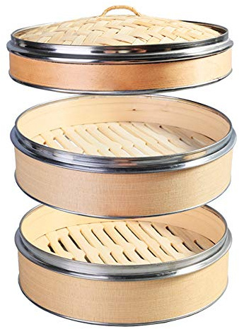 Hcooker 2 Tier Kitchen Wood Steamer with Double Stainless Steel Banding for Asian Cooking Buns Dumplings Vegetables Fish Rice