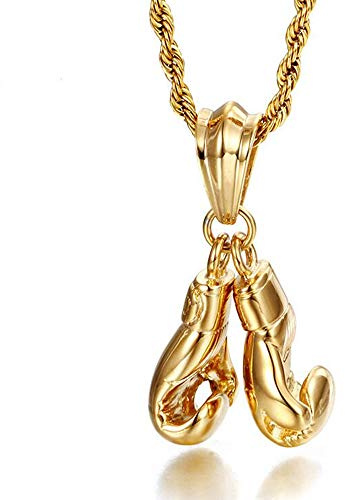 Qiaonitu Jewelry Mens Vintage 316L Stainless Steel Boxing Gloves Pendant Necklace with 24 Inch Twist Rope Chain (Gold)