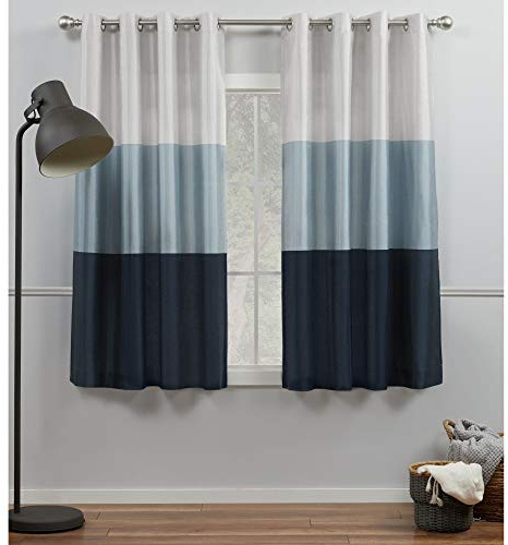Exclusive Home Chateau Striped Faux Silk Grommet Top Curtain Panel Pair, 54x63, Indigo