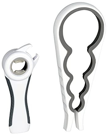 Relaxdays 10027894_1084 Abrebotellas Multiusos, Abridor multifunción, Abrelatas, Universal, 1 Set, Blanco & Gris, Plástico