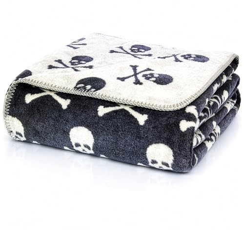 Glart J2SK weiche Kuscheldecke Skulls Design Grau, Baumwoll-Polyacryl-Mix