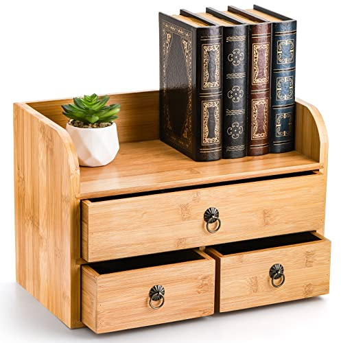 Nicunom Bambus 3-Ebenen Schreibtisch-Organizer mit 3 Schubladen, Multifunktionaler Schreibtisch-Speicher für Büro, Zuhause, Badezimmer