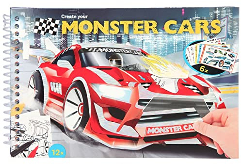 Depesche 11884 Monster Cars - Pocket Malbuch mit 50 Seiten zum Designen cooler Autos und Rennwagen, Taschen-Malbuch mit 6 Sticker-Bogen voller Auto-Motiven und praktischer Spiralbindung
