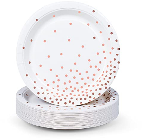 MATICAN Lot de 50 assiettes jetables en papier – Élégantes pois blancs et or rose en feuille, 22,86 cm