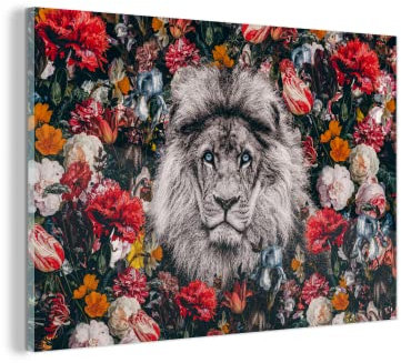 MuchoWow Glasbild Glasfoto Wandbild Bilder Deko 150x100 cm Löwe - Blumen - Schwarz - Weiß