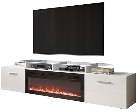 Mirjan24 TV Schrank mit Elektrischem Kamin Rozion, Realistische LED-Flamme, Elektrischer Kamin mit Heizung, TV Lowboard (Weiß/Weiß Hochglanz, mit LED Beleuchtung)