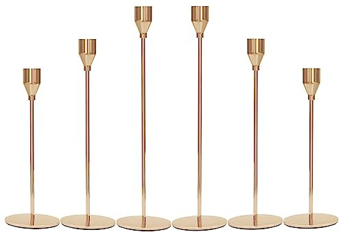 Set of 6 Gold Candle Holders, Candlestick Tall Taper Candle Holders 3/4 Inch Thick Candle, Metal Dinner Candle Stands for Dining Room, Centerpiece, Wedding, Table, Mantel, Candlelight Dinner, Party