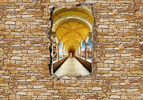 wandmotiv24 Fototapete Mauerloch mit Tunnel, 300 x 210 cm - selbstklebende Strukturtapete, Wanddeko, Wandbild, Wandtapete, Wand, Steine, Loch, 3D-Optik M0574