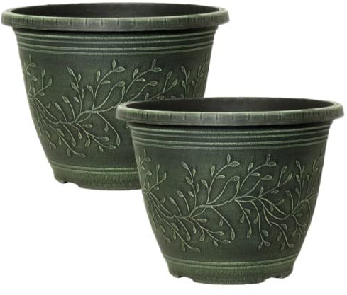 Fyne-Finds Set of 2 Round 28cm 11inch Garden Plant Pot Green Verdigris Flower Deco Rim Weatherproof, Drainage Hole Planter