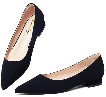 Zhabtuc Women's Pointed Toe Slip-On Flats, Black Nubuck, 4.5 UK