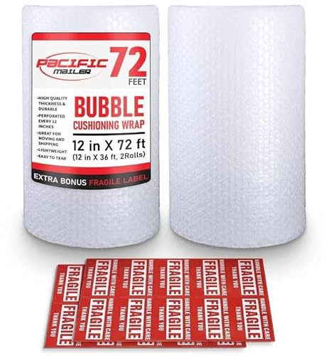 Bubble Cushioning Wrap Pacific Mailer 5/16 Inch x 12 Inch x 72Feet Total [2 Rolls of 36 Feet] Bubble Cushioning Wrap for Packing Moving Supplies Perforated Every 12