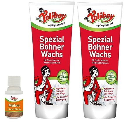 Poliboy, cera speciale per fagioli – cera per pavimenti incolore per superfici resistenti ai solventi come legno, marmo e linoleum – nutre e dona lucentezza della seta – 2 x 250 ml – con campione di