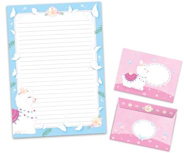 Briefpapier-Set A4 liniert zum Ausmalen mit Umschlag für Mädchen Kinder Schule Lama Alpaka rosa (1 Block mit 25 Blättern + 15 Briefumschläge)