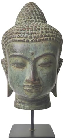 YOMANIS Bali Art Bronze Antik –Limitierte Skulptur – Buddha Kopf auf Sockel – Lord Buddha – Hindu Figur Spirituell – Meditation und Buddha Deko Bad Highlight [27x10x10cm] M