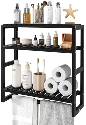 Bamworld Badezimmer Regal Badmöbel Bambus 3 Etagen Organizer Badezimmermöbel Für die Wand Platzsparend Modern （Schwarz）（42x15x42cm）