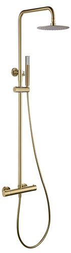 MICE - Barra doccia termostatica in acciaio inox - Rubinetteria Termostatica da Bagno - Set Asta doccia con spruzzatore, manico e supporto oro spazzolato BTG053/OC
