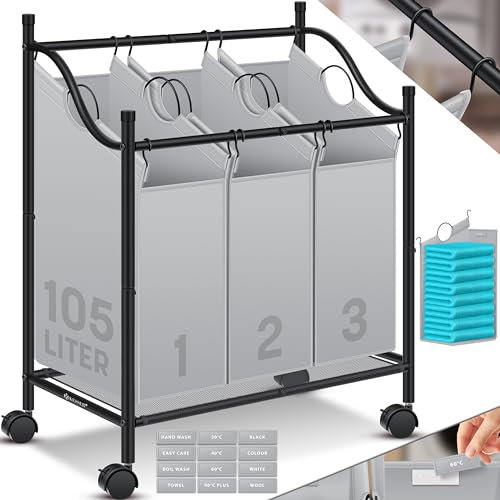 KESSER® Wäschekorb Wäschesammler Wäschesortierer mit 3 abnehmbaren Stofftaschen | 3 Fächer x 35 Liter | Wäschebox mit 12 Waschhinweisen 360° Rollen mit Bremse Wäsche-Sortiersystem Wäschewagen Grau