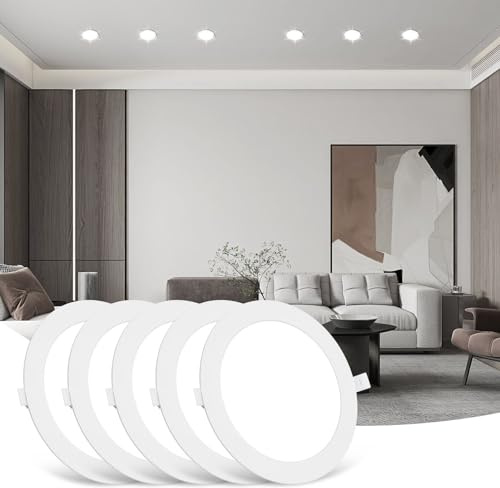 Sararoom 5Packs 12W LED Round Ceiling Panel Light 6500K Cool White Ultra Slim Downlights 1080lm Recessed Ceiling Lights for Living Room Bedroom Bathroom Corridor Kitchen Office Shop
