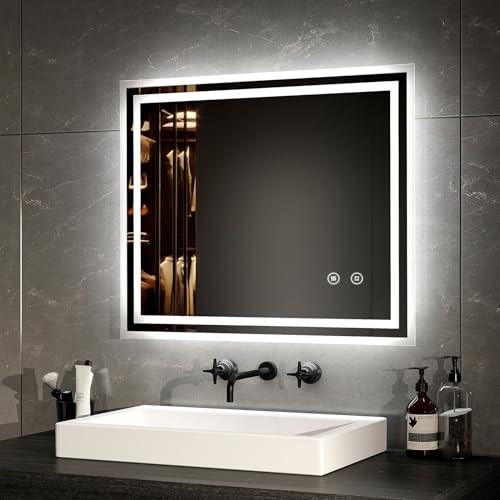 EMKE Badspiegel mit Beleuchtung 60x50cm Badezimmerspiegel mit Antibeschlag, Touchschalter, kaltweiß dimmbar, Speicherfunktion, 3 Stunde automatische Abschaltung, Energiesparend Wandspiegel