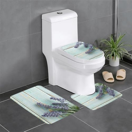 Badvorleger, Flanell, bedruckt, Lavendel auf Holz, rutschfest, 3 Stück, 60 x 40 cm, Badezimmerteppich-Set, Badematte + U-förmiger WC-Vorleger + O-förmiger Toilettensitzbezug