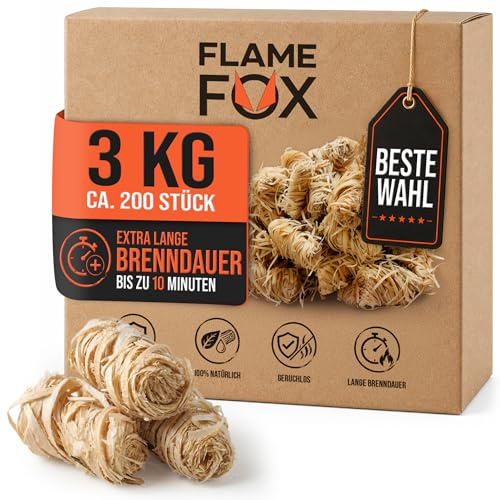 Flame Fox Lana di accensione XXL, 3 kg, in lana di legno ecologica e cera, per camino e barbecue, per camino, forno e braciere, naturale, affidabile, lunga durata, cartone da 3 kg, 5 kg o 10 kg