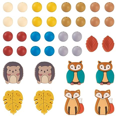 Crafans Lot de 69 perles focales en silicone motif animal renard, chouette et hérisson - Perles en caoutchouc souple - Perles en silicone sur le thème de l'automne - Pour bracelet et porte-clés