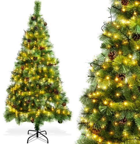 Aigostar 180 CM Árbol de Navidad Artificial,con Cadena de Luces LED de 18 M,300 LED Blanco cálido,8 Modos de Iluminación,Ramas Aguja de Pino con Piñas,Verde,Incluye Soporte de Meta